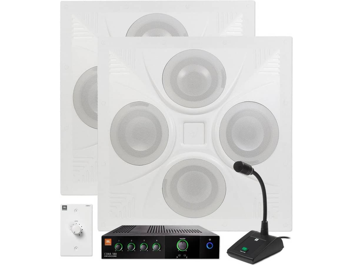 Retail Store Sound System with 2 Ceiling Speakers Mixer Amplifier and Paging Microphone