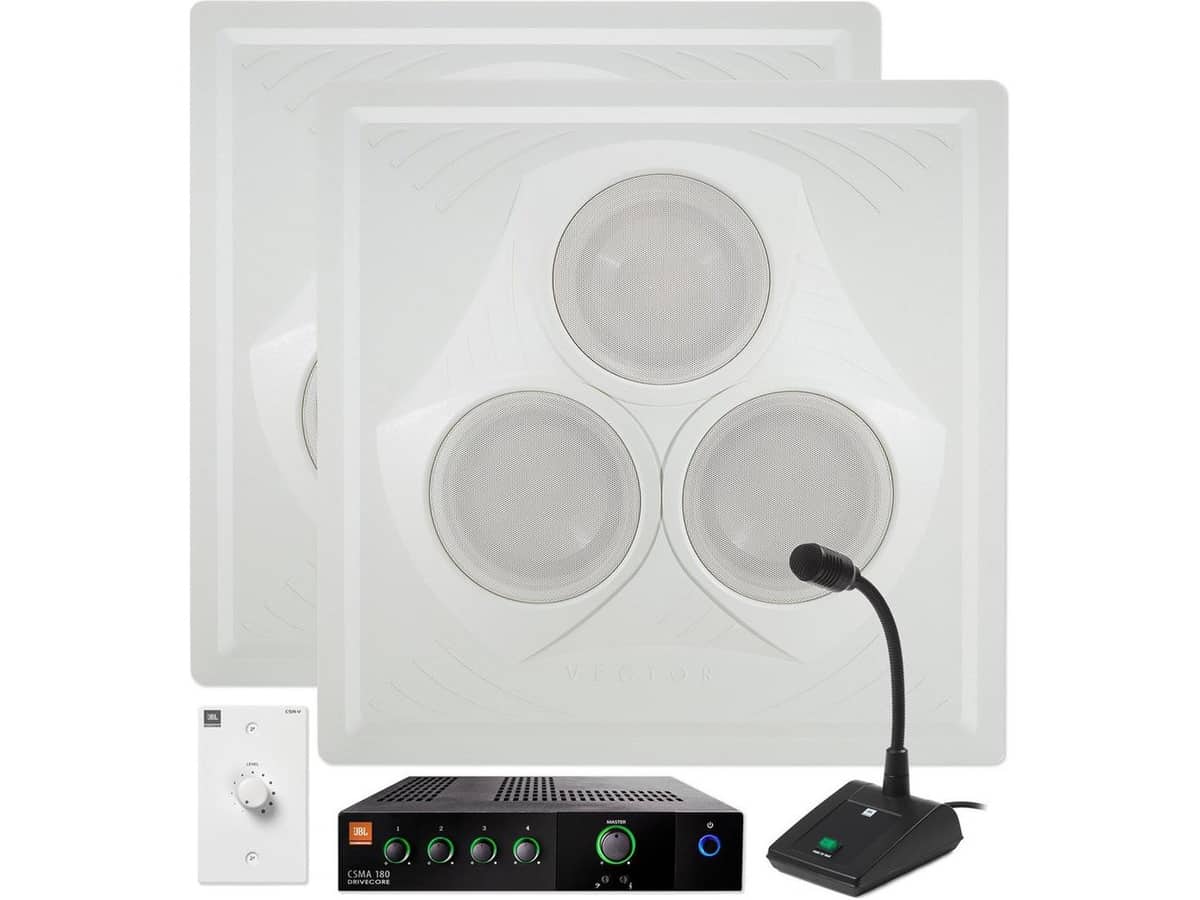 Retail Store Sound System with 2 Vector Ceiling Speakers JBL Mixer Amplifier and Paging Microphone