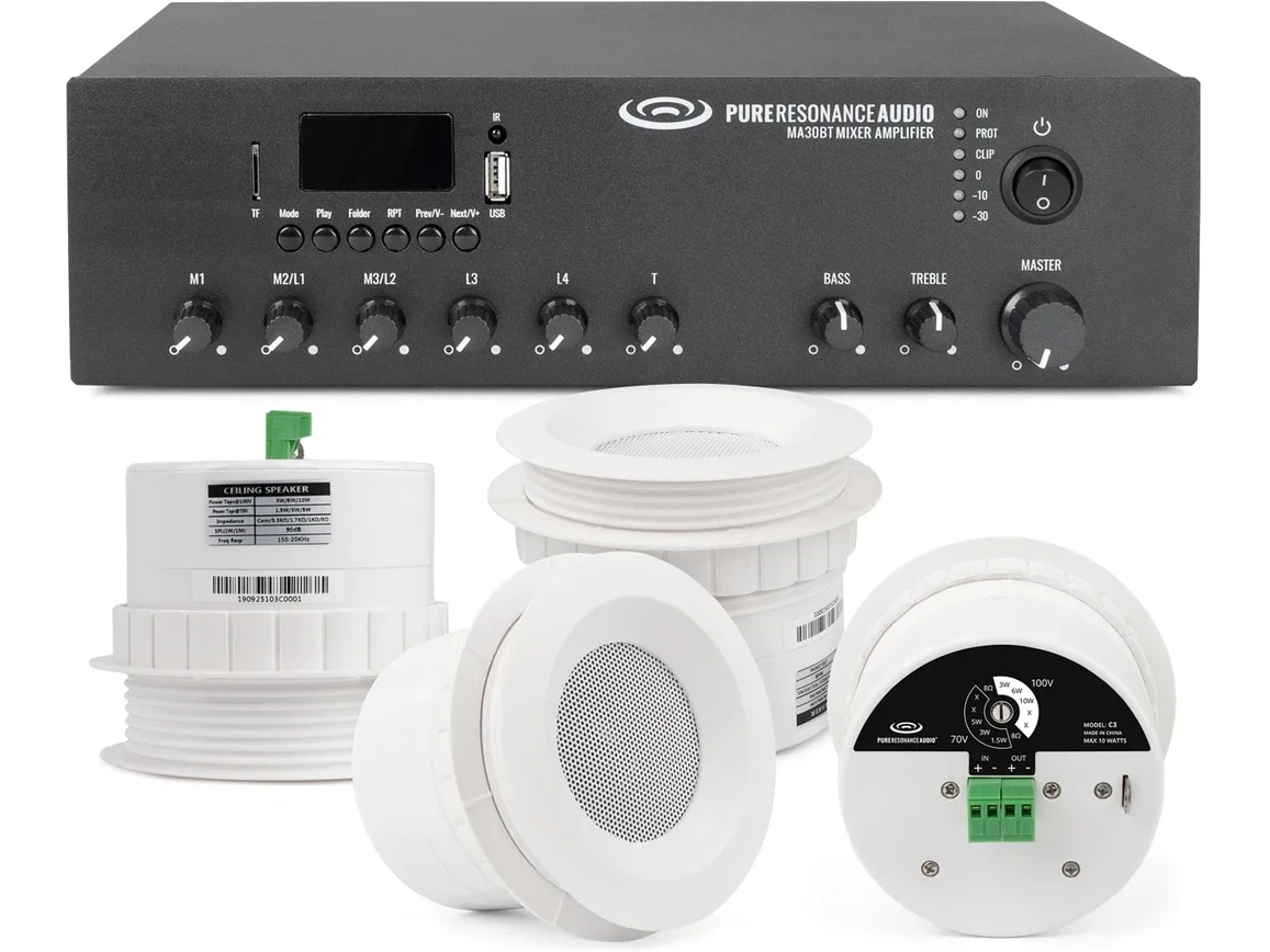 Retail Background Music System with 4 C3 Ceiling Speakers and MA30BT 30W Bluetooth Mixer Amplifier