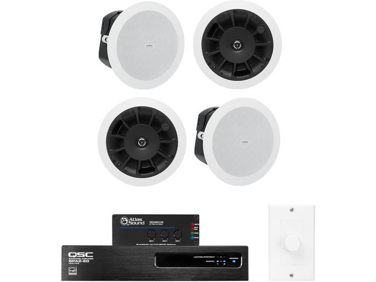 Retail Store Sound System with 4 QSC AcousticDesign In-Ceiling Speakers Power Amplifier and Atlas Sound Mixer