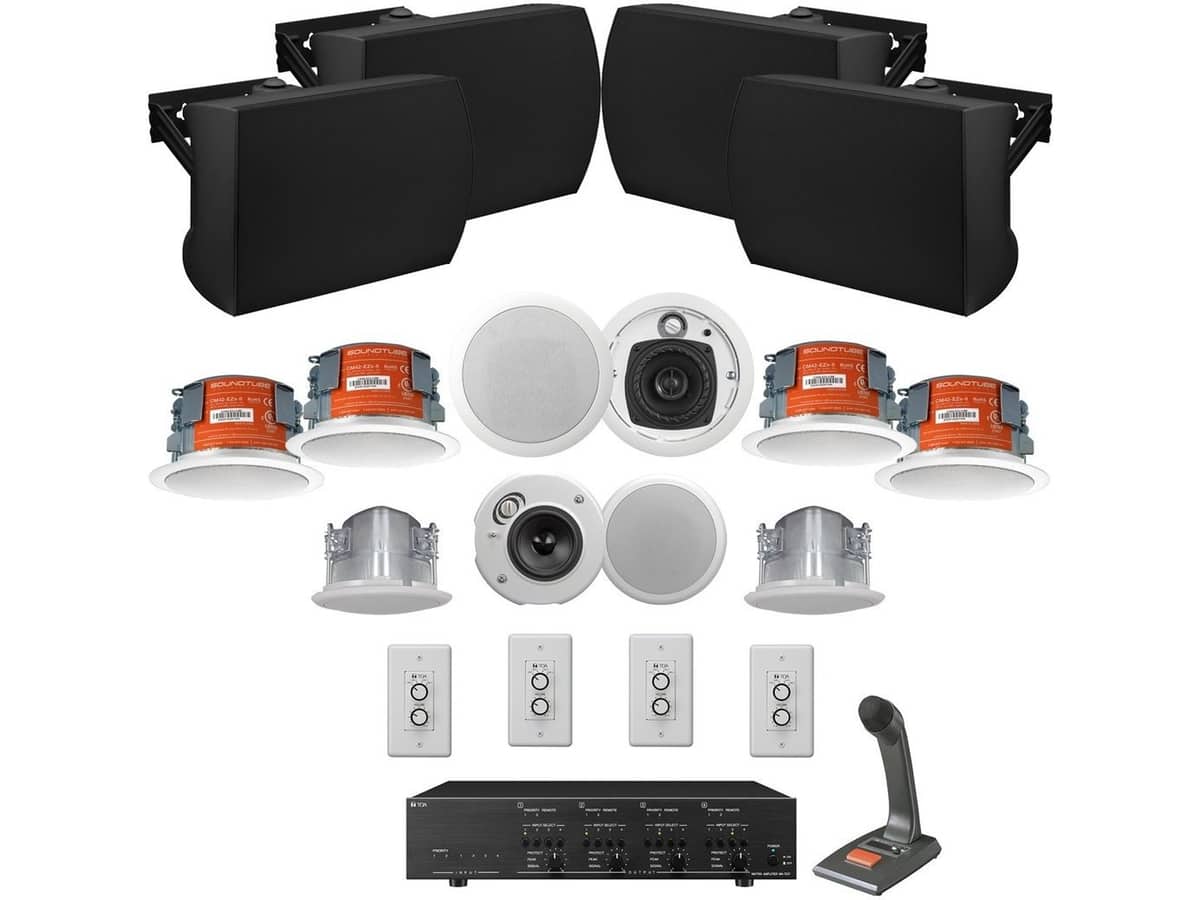 Truck Stop Food and Fuel Station Indoor Outdoor Sound System for Multi-Zone Background Music with Push-to-Talk Paging Microphone