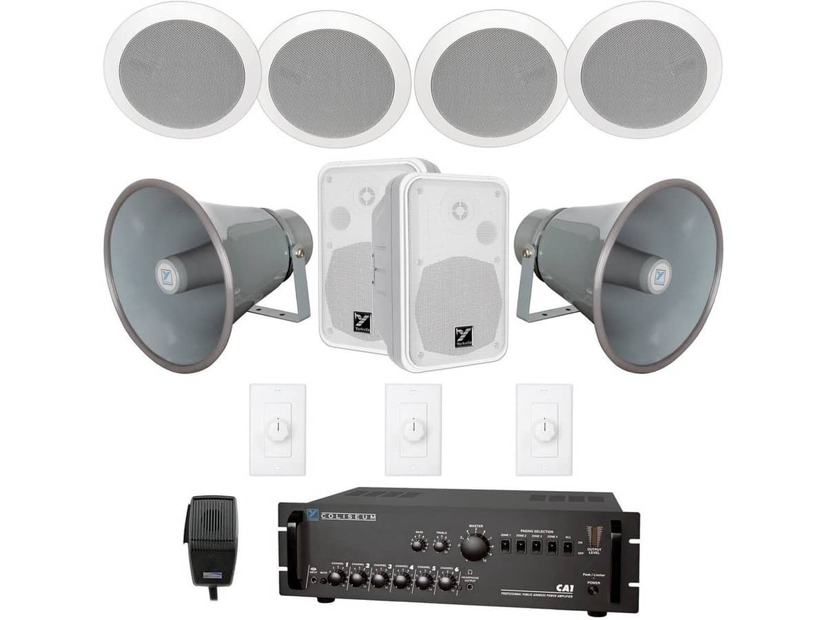 Travel Center and Food Court Multi-Zone Indoor Outdoor Sound System with 6 Speakers, 2 Paging Horns and Push-to-Talk Paging Microphone