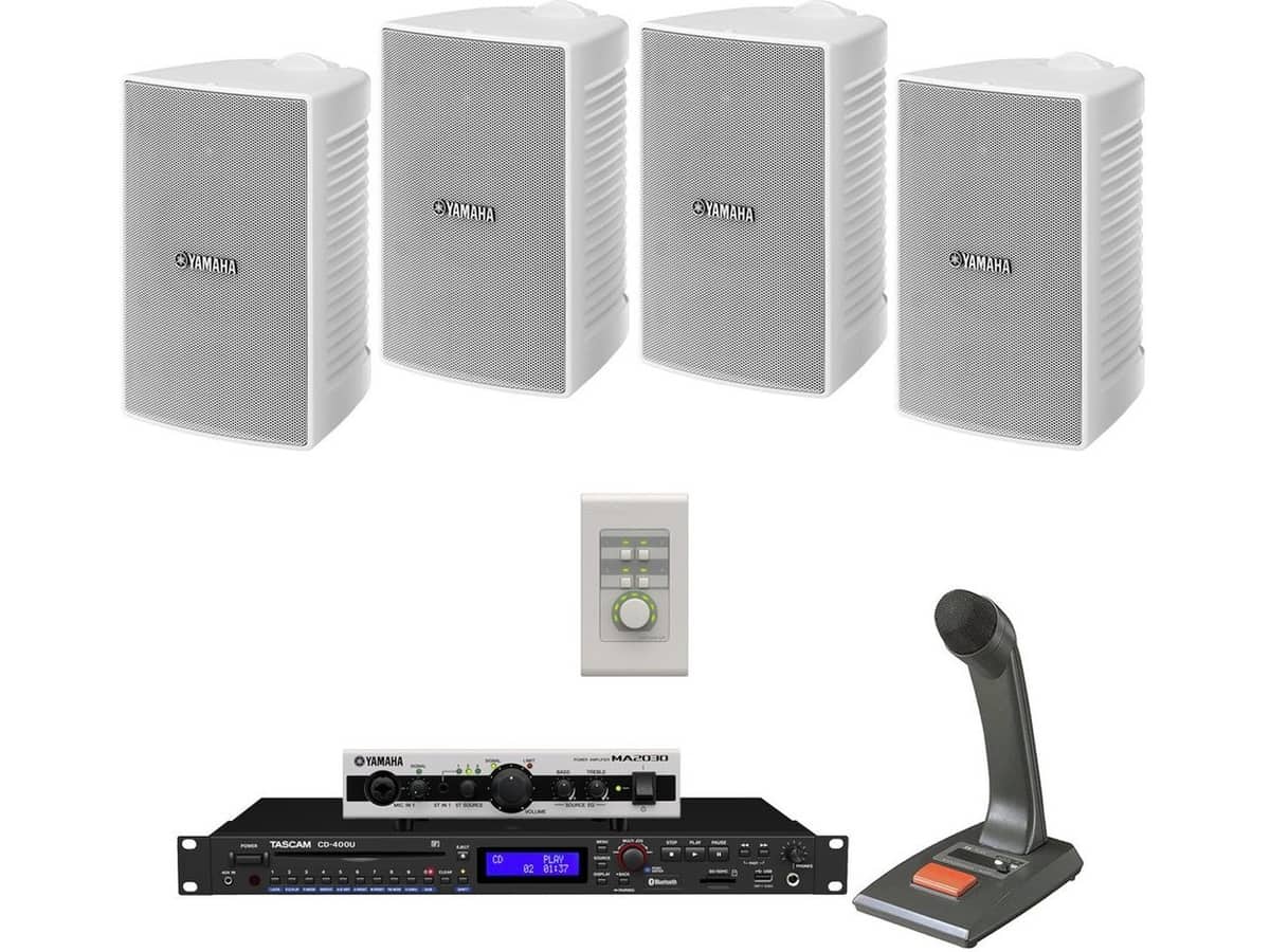 Yamaha Small Retail Store Sound System with 4 VS4 Wall Mount Speakers MA2030a Mixer Amplifier and Bluetooth CD Media Player