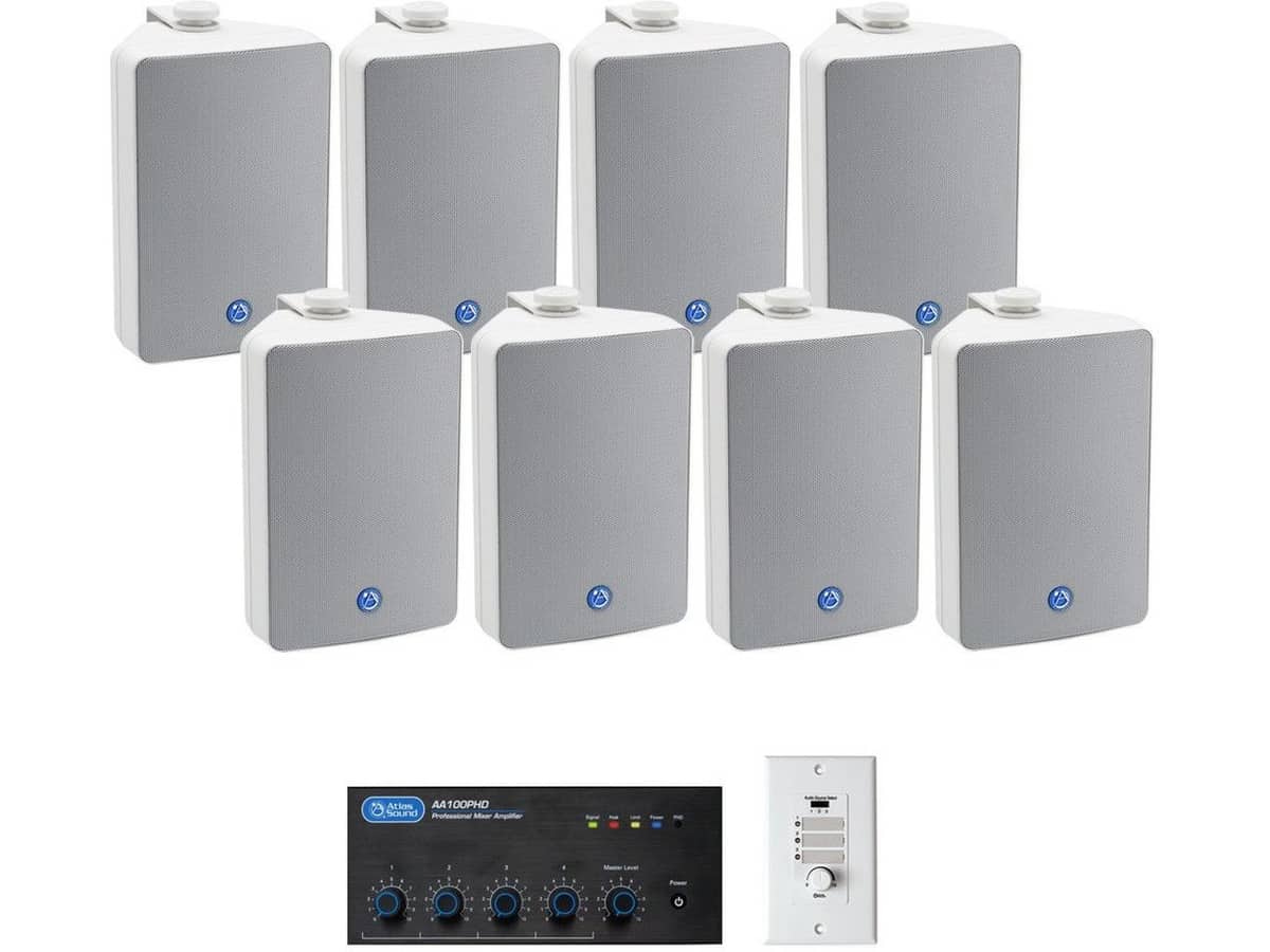 Retail Store Sound System with 8 AtlasIED SM52T Wall Mount Loudspeakers and Mixer Amplifier