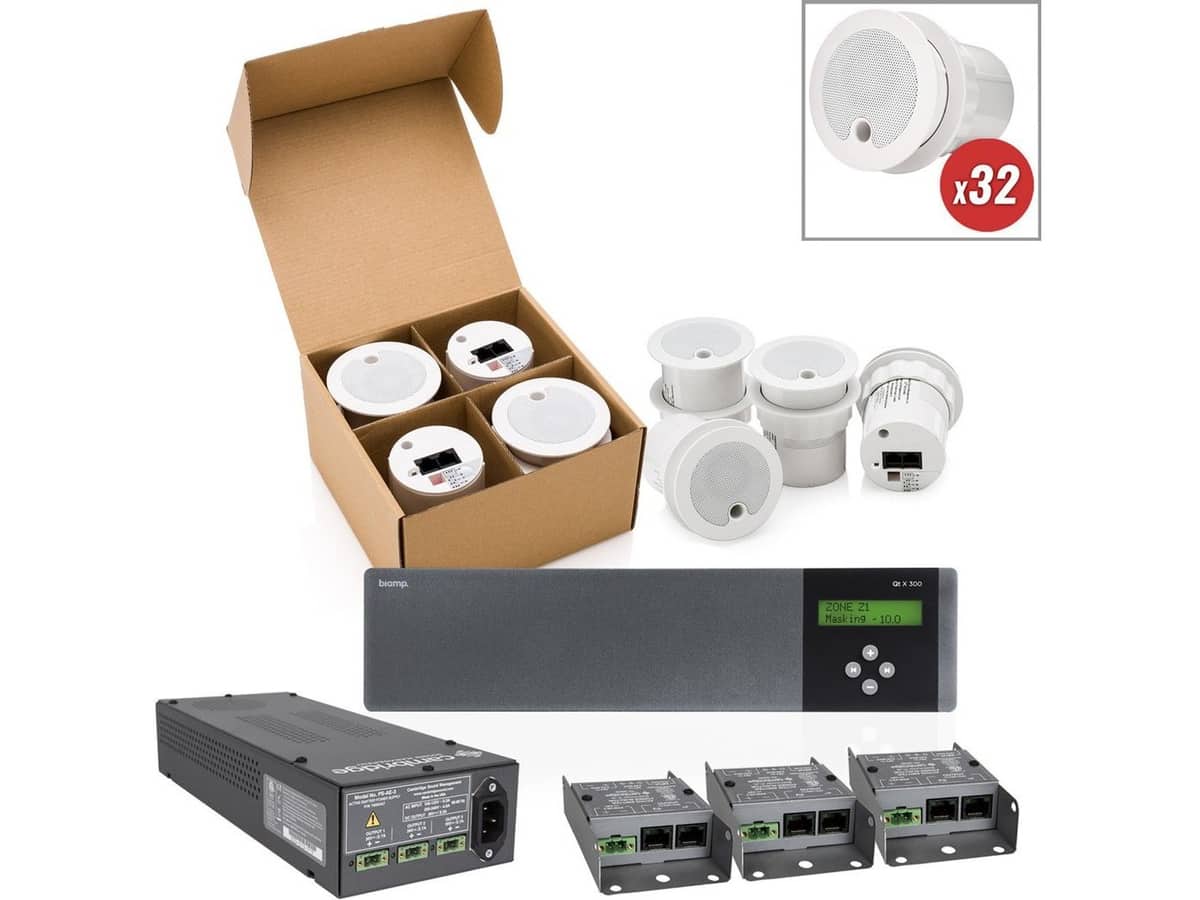 Office Sound Masking System with Cambridge Ceiling Qt Emitters and Multi-Zone White Noise Generator for up to 3200SF