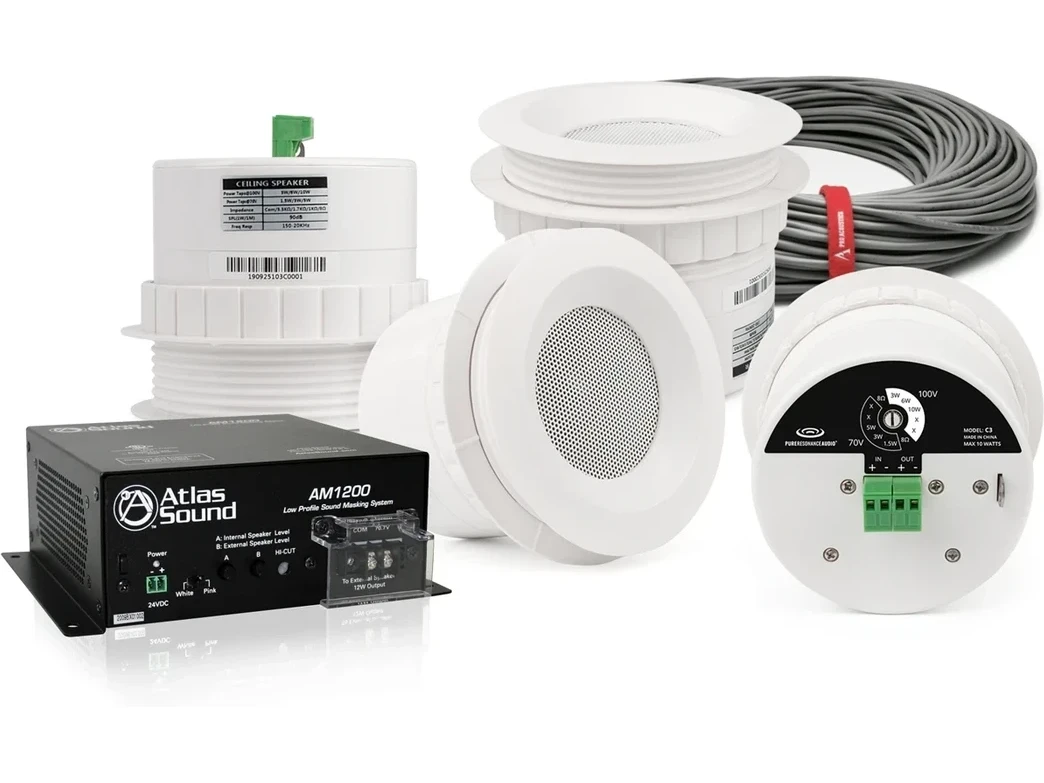 Sound Masking System for Small Office with 4 Easy-Mounting Micro Ceiling Speakers and White Noise Generator for up to 600SF