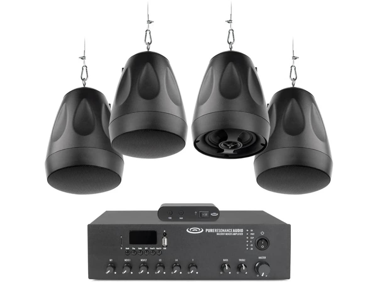 Open Office Sound Masking System with 4 PD4 4" 70 Volt Pendant Speakers, MA30BT 30W Mixer Amplifier and SMG1 Sound Masking Generator