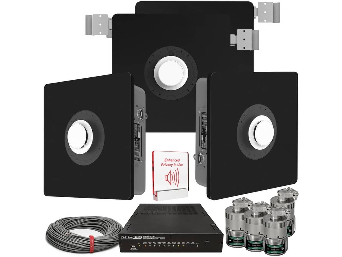Commercial Sound Masking System with Strategically Hidden Loudspeakers and Sound Masking Devices for Glass Surfaces
