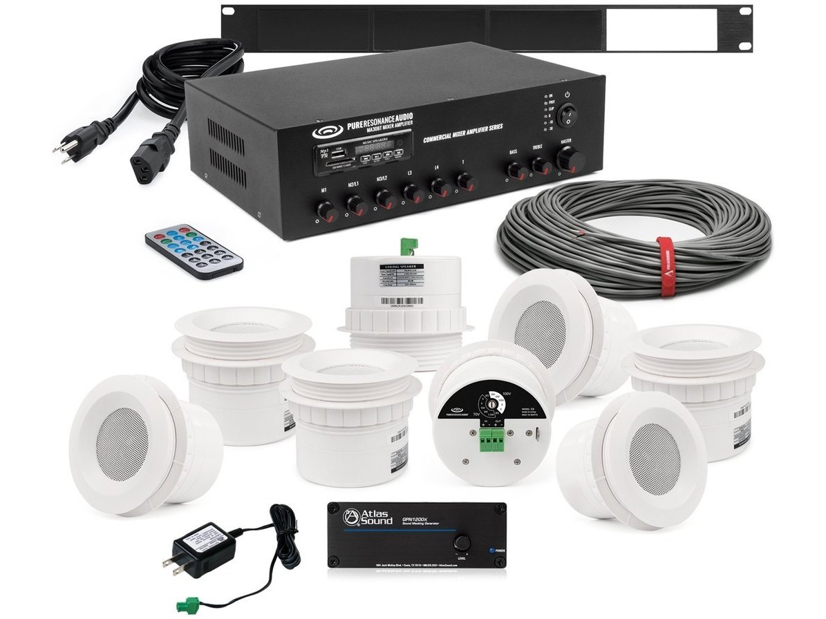 Office Sound Masking System with 8 Easy-Mounting Micro Ceiling Speakers, 30W Bluetooth Mixer Amplifier and White Noise Generator for up to 1250SF