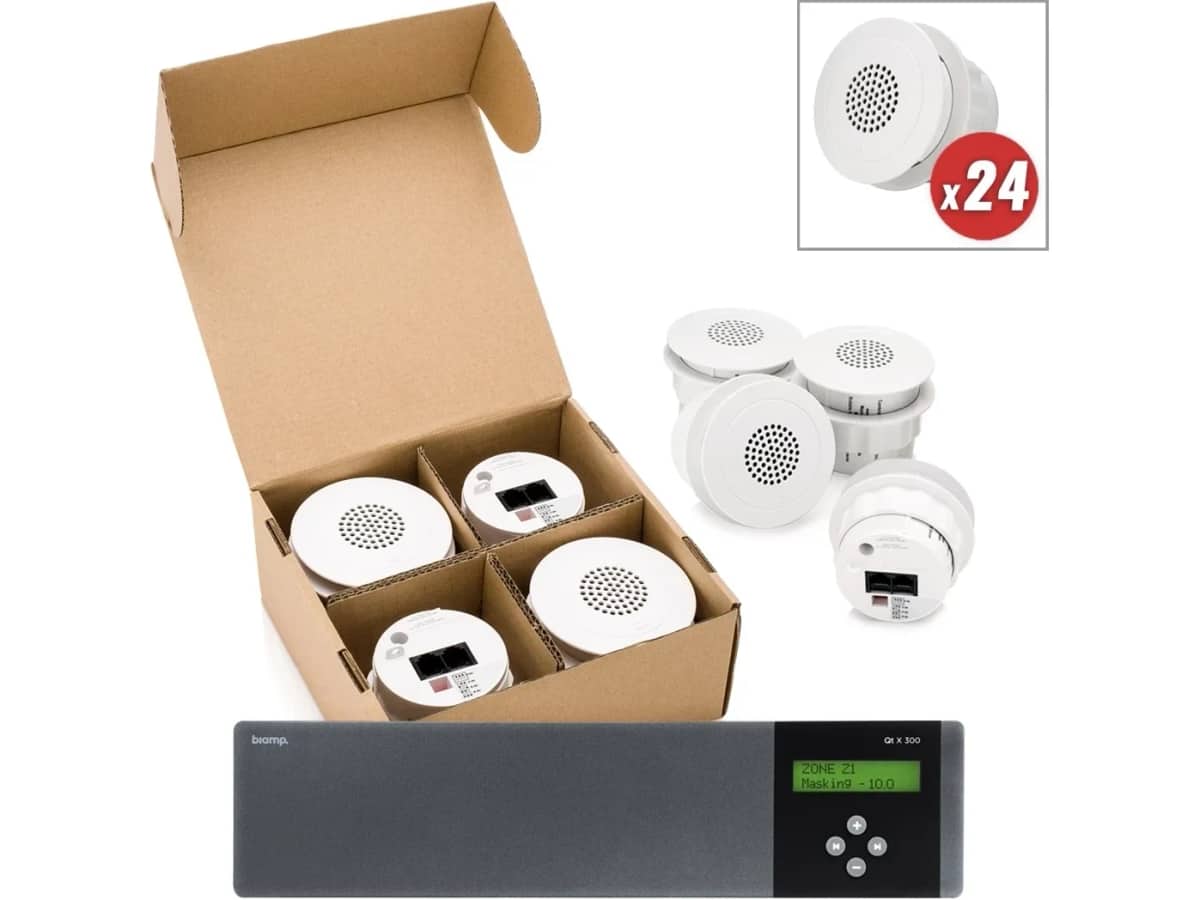 White Noise Sound Masking System for Office Spaces with Cambridge Ceiling Qt Emitters and Multi-Zone Masking Generator for up to 2400SF