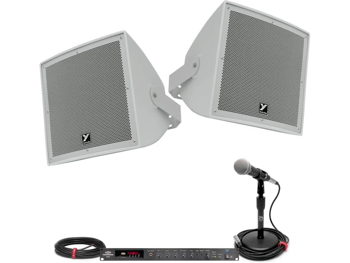 Outdoor Stadium Sound System with 2 Yorkville Weather Resistant Speakers and 350W Rack Mount Bluetooth Mixer Amplifier