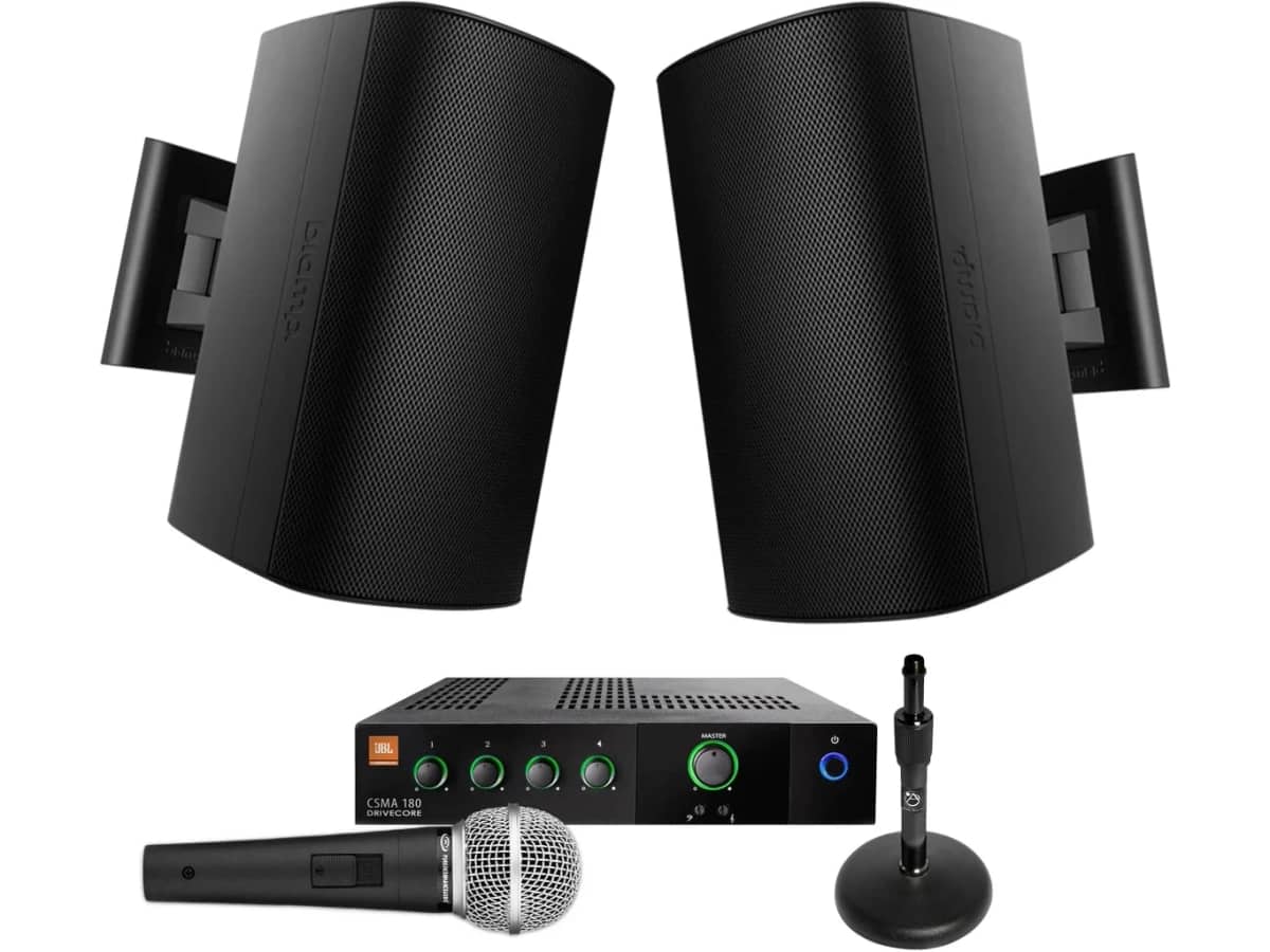 Small Ball Field Sound System with 2 Biamp Surface Mount Loudspeakers and JBL GreenEdge Mixer Amplifier