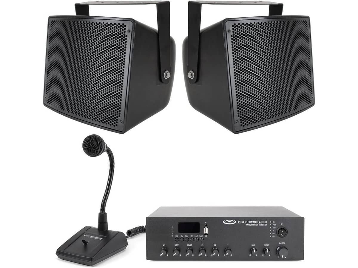 Small Stadium Sound System with 2 Outdoor Stadium Speakers, Bluetooth Mixer Amplifier and Paging Microphone