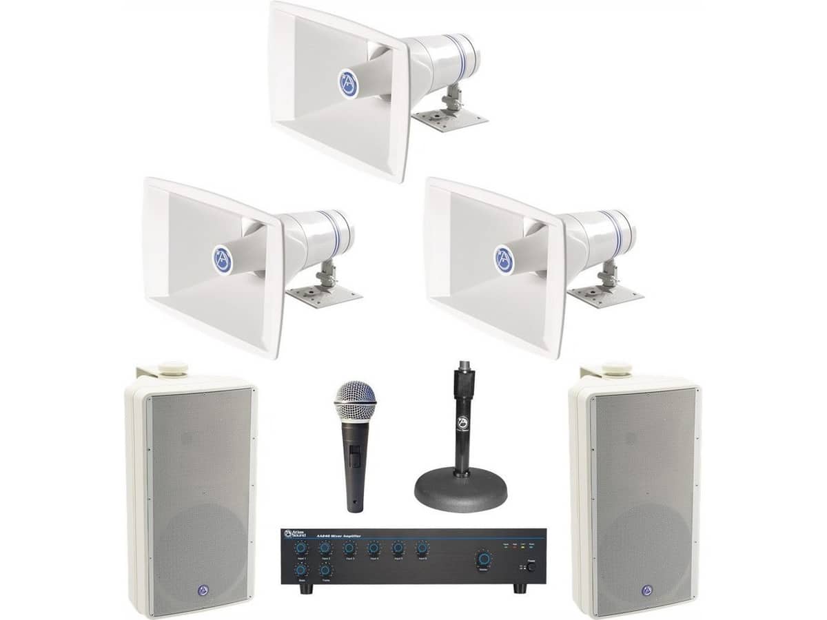Stadium Sound System with 3 AtlasIED Paging Horns, 2 All-Weather Loudspeakers and Mixer Amplifier