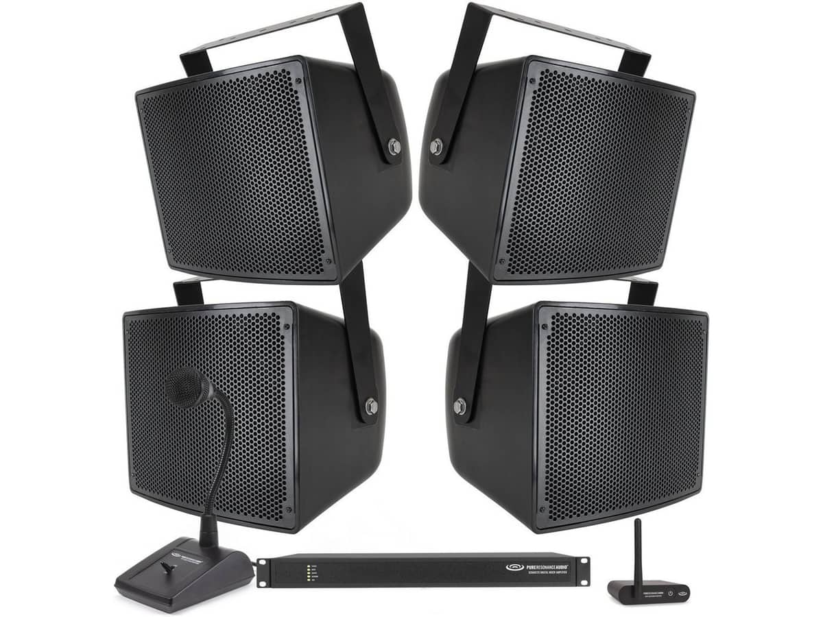 Outdoor Stadium Sound System with 4 S10 10" Stadium Speakers, DZMA8125 Digital Mixer Amplifier, BTR1 Bluetooth Receiver and PTT1 Paging Mic