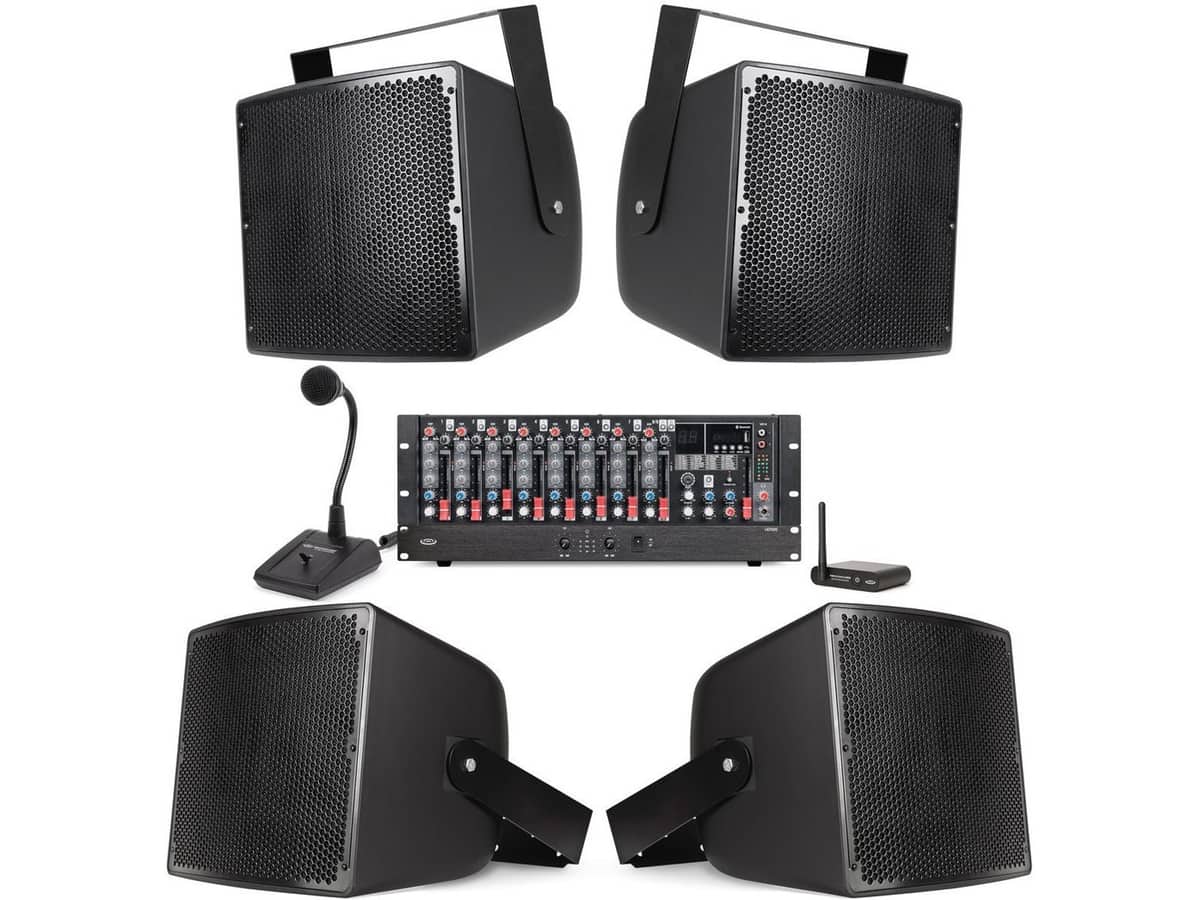 Stadium Speaker System with 4 S12 12" Stadium Speakers, MX9 Mixer, LA21000 Power Amplifier, PTT1 Paging Mic and BTR1 Bluetooth Wireless Receiver
