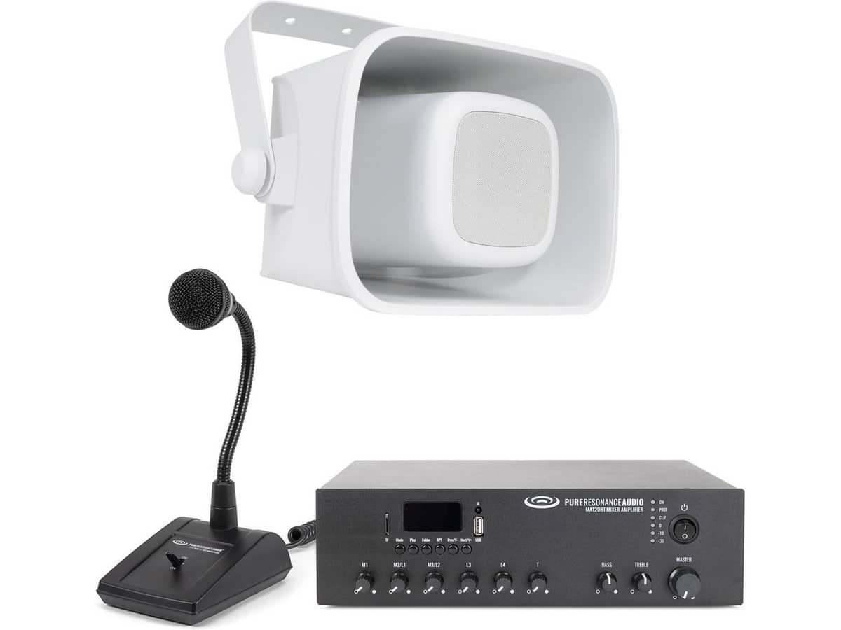 Small Stadium Sound System with an H6 6.5" All-Weather Horn Speaker, MA120BT 120W Bluetooth Mixer Amplifier and PTT1 Paging Microphone