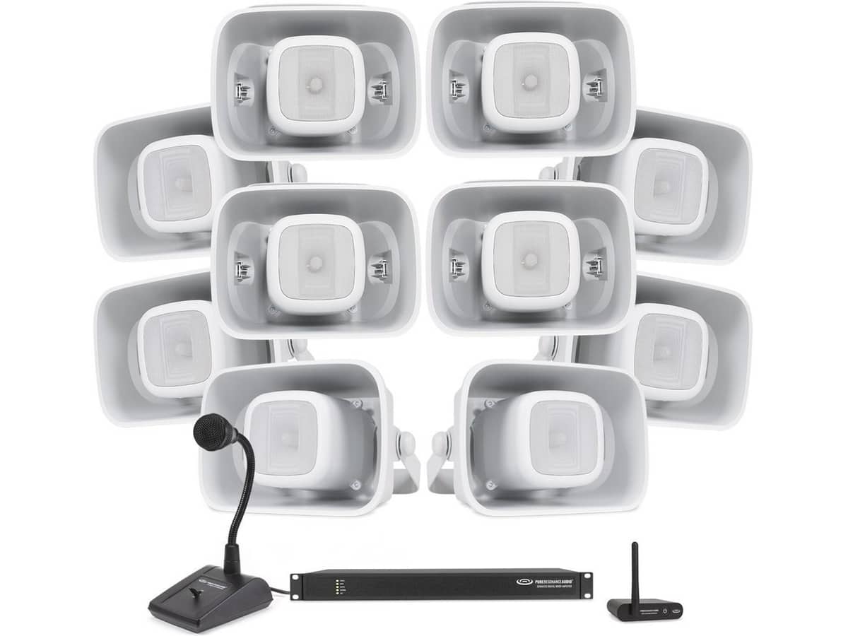 Warehouse Paging System with 10 H6 6.5" All-Weather Horn Speakers, DZMA8125 Digital Mixer Amplifier, BTR1 Bluetooth Receiver and PTT1 Paging Mic