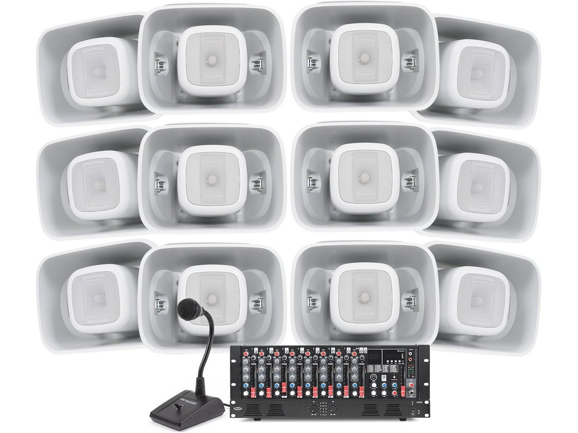 Warehouse PA System with 12 H6 6.5" All-Weather Horn Loudspeakers, MX9 9-Channel Mixer, DA2500 Dual-Impedance Power Amplifier and PTT1 Paging Mic