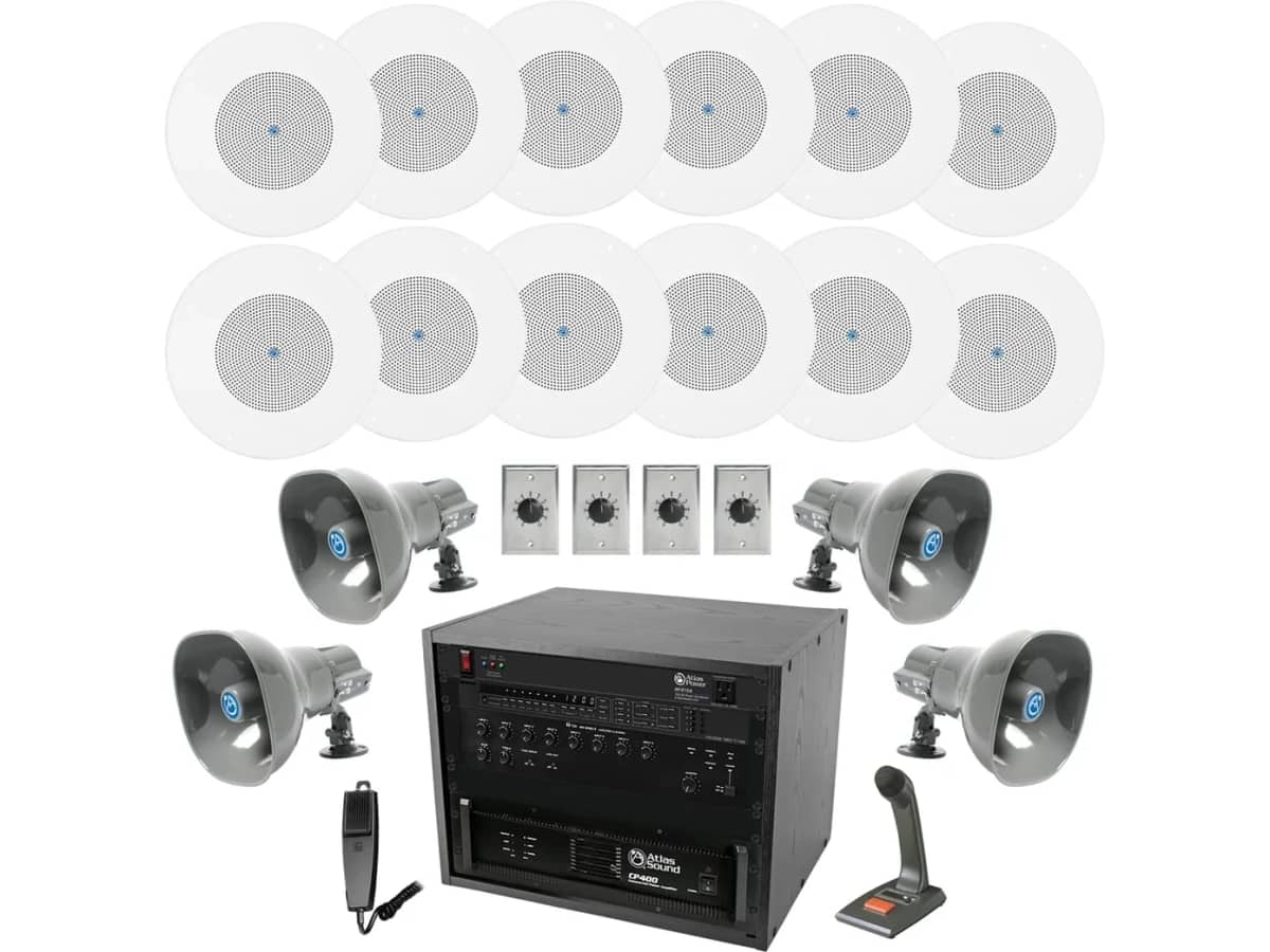 Office and Warehouse PA Sound System with 12 AtlasIED In-Ceiling Speaker Kits and 8 Outdoor Horn Speakers