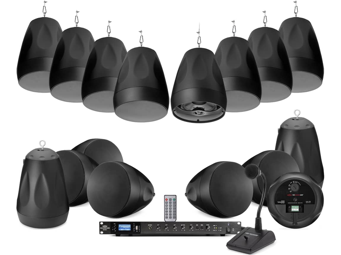 Warehouse Sound System with 16 PD6 Pendant Speakers, RMA500BT Rack Mount Bluetooth Mixer Amplifier and PTT1 Push-to-Talk Microphone