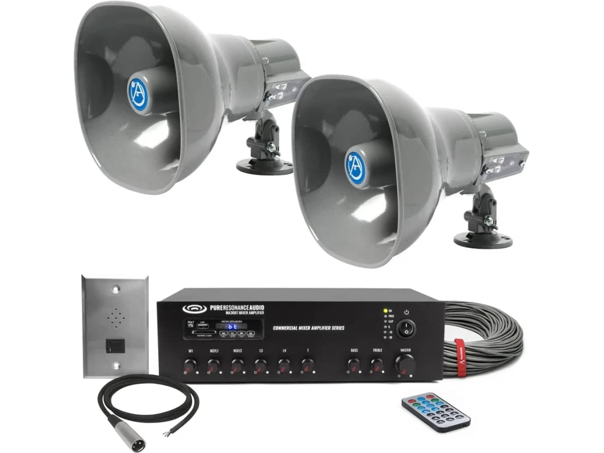 Warehouse Sound System with 2 AtlasIED AP-15T Horns, 30W Bluetooth Mixer Amplifier and Push-To-Talk Wall Mounted Microphone