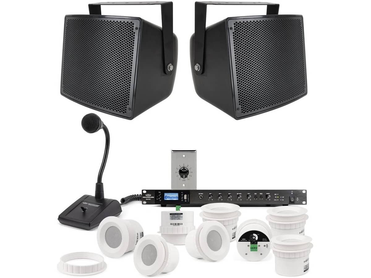 Warehouse Sound System with 2 S10 Outdoor Speakers, 8 C3 Ceiling Speakers, RMA240BT Bluetooth Mixer Amplifier, Paging Microphone and Volume Control