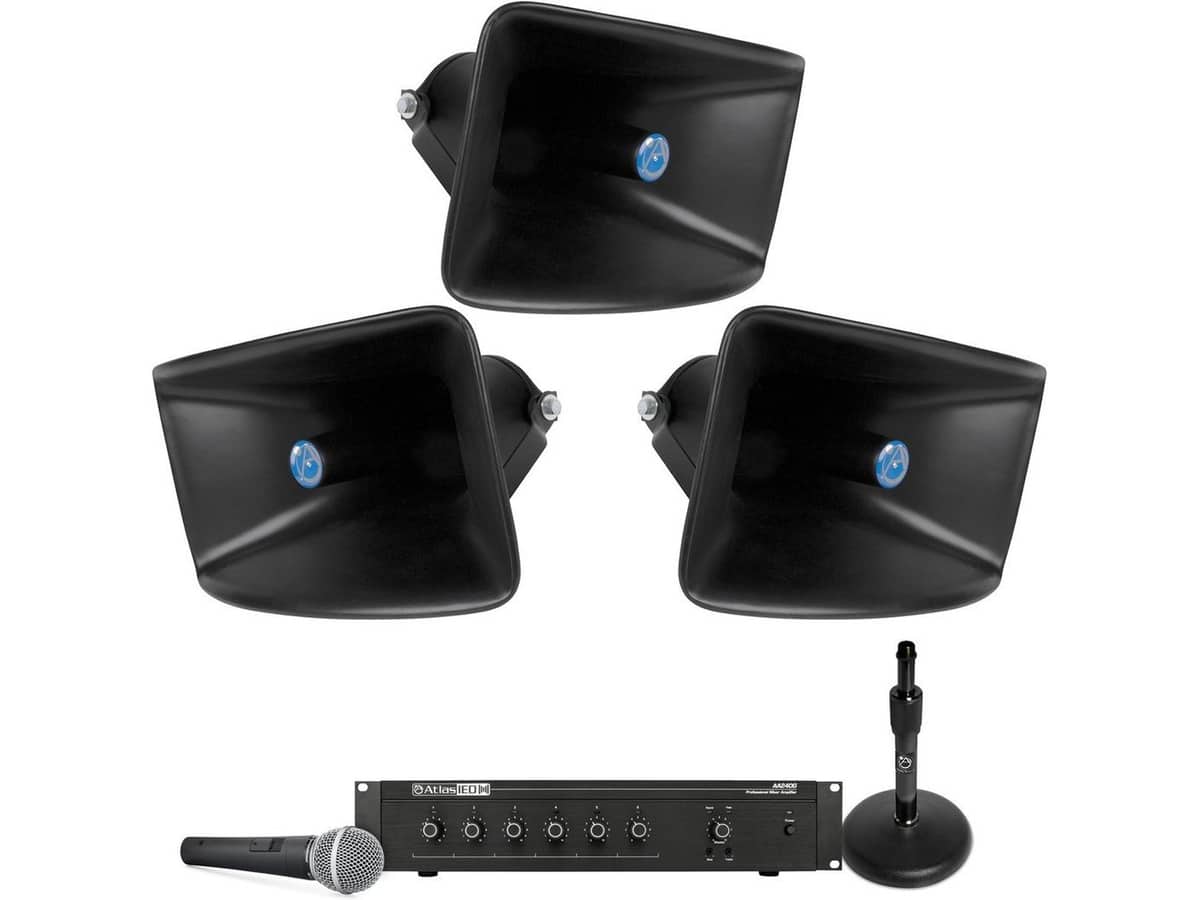 Warehouse Sound System with 3 AtlasIED CJ-46 Wide Dispersion Horns and AA240 Mixer Amplifier
