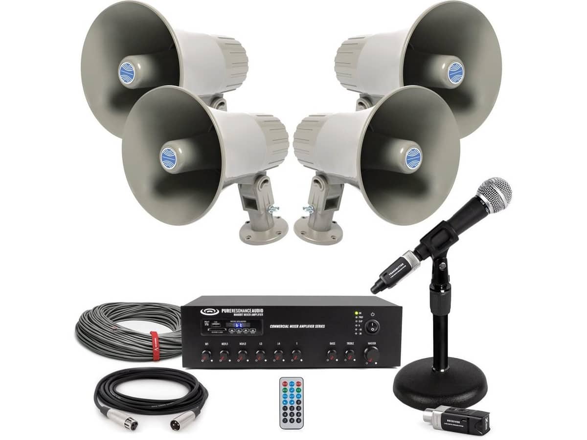 Warehouse Sound System with 4 AtlasIED GA-15T Horns, 60W Bluetooth Mixer Amplifier and Mic with U3 Digital Wireless Plug-On System