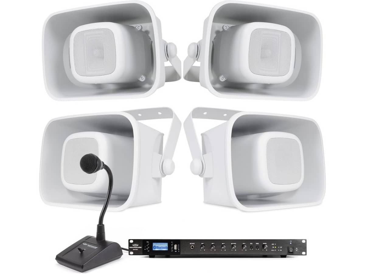 Warehouse Speaker System with 4 H6 6.5" All-Weather Horn Speakers, RMA350BT 350W Rack Mount Bluetooth Mixer Amplifier and PTT1 Paging Mic