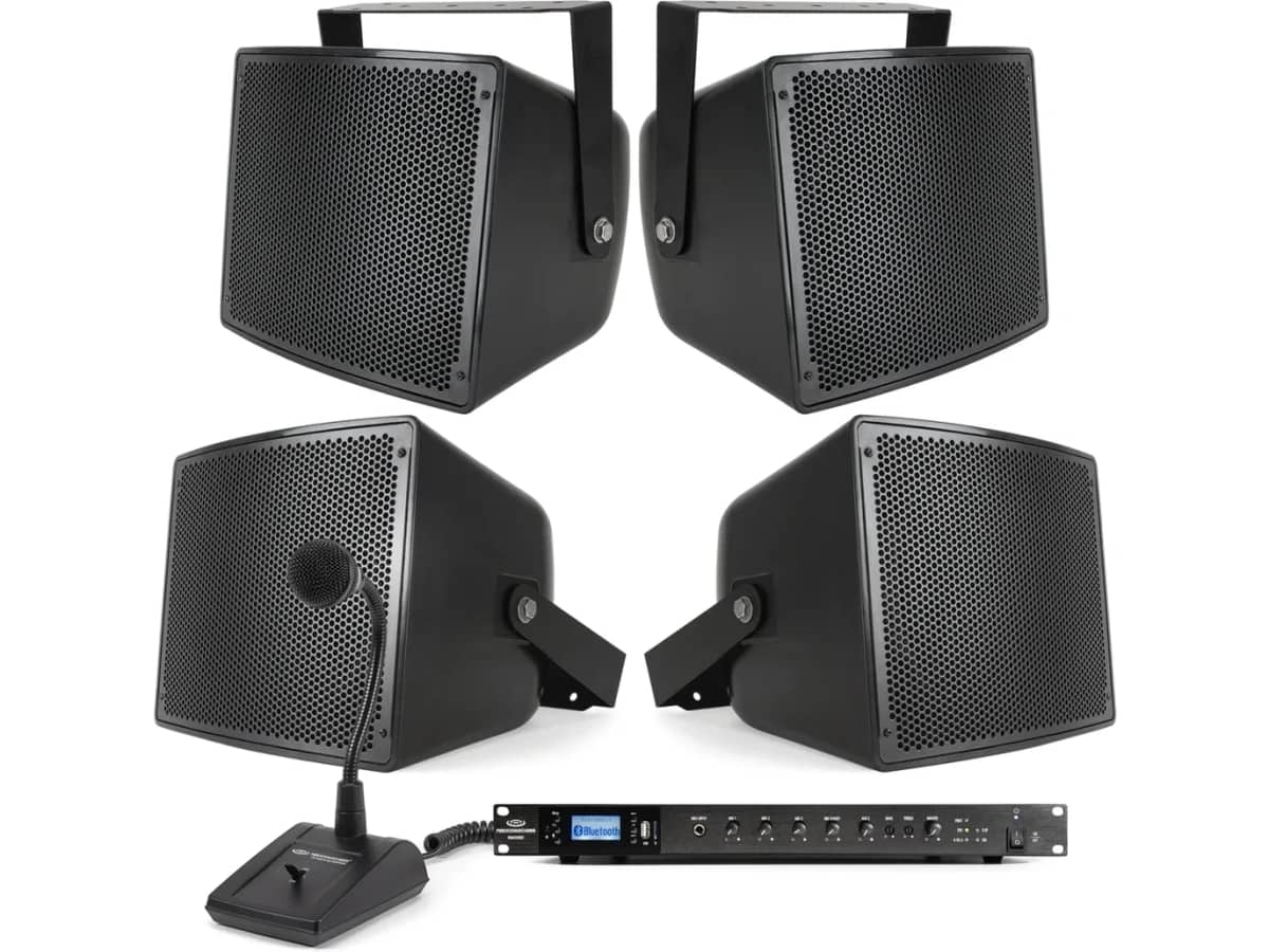 Warehouse Speaker System with 4 S10 10" 70V Outdoor Speakers, RMA500BT 500W Rack Mount Bluetooth Mixer Amplifier and PTT1 Paging Microphone
