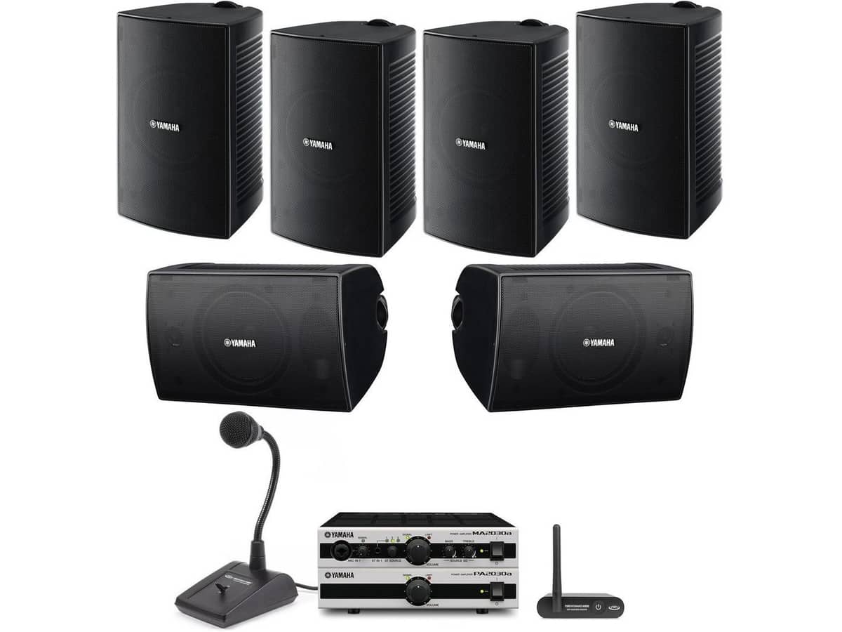 Distribution Center PA Sound System with 6 Yamaha Speakers, Push-to-Talk Paging Microphone and Bluetooth