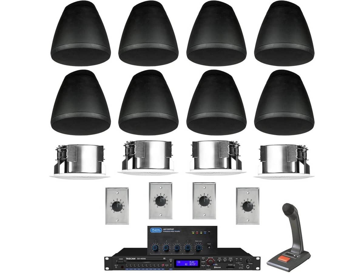 Warehouse and Modular Office PA Sound System with 8 SoundTube Pendant Speakers, 4 SoundTube In-Ceiling Speakers and Bluetooth