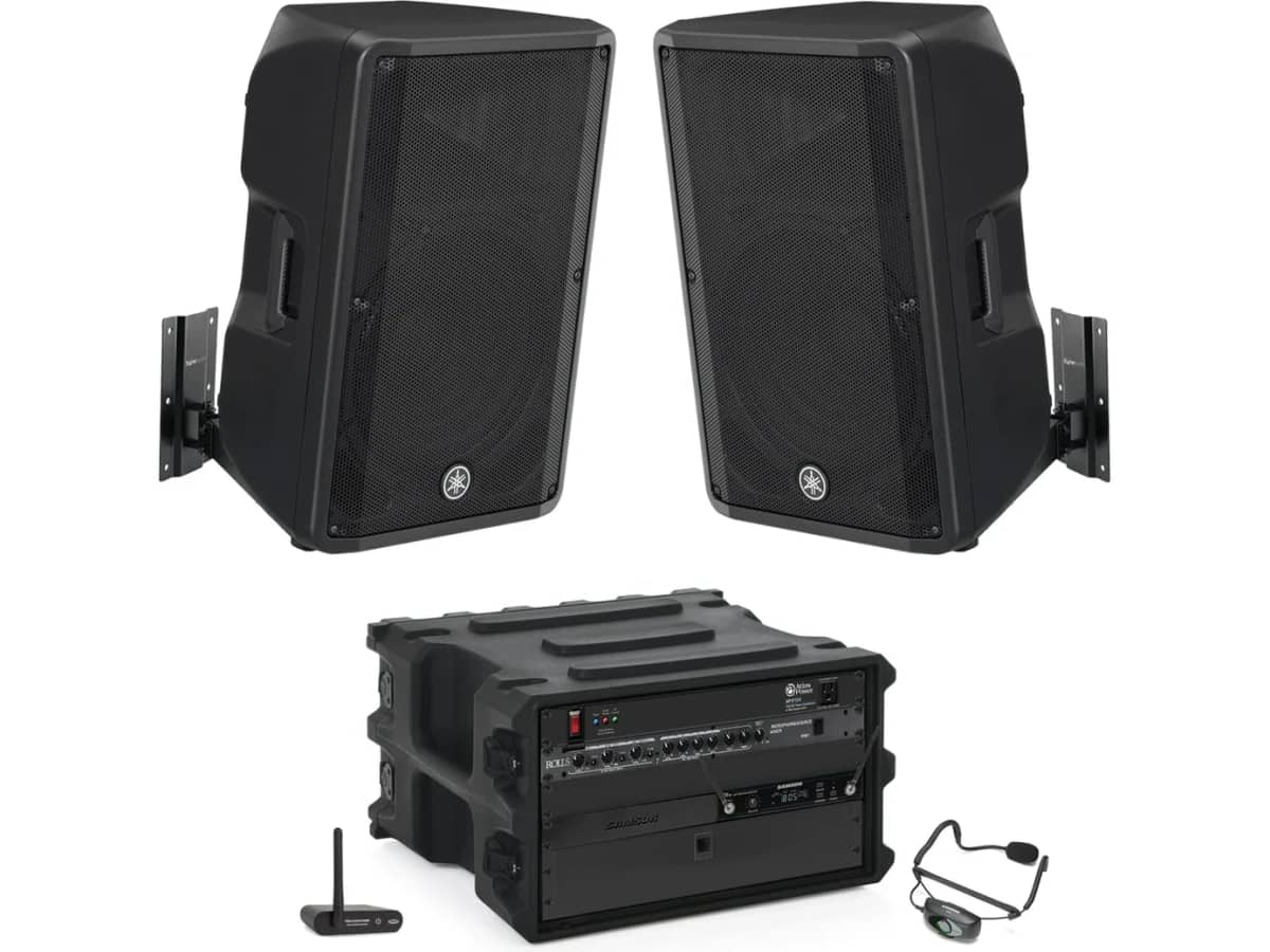 Weight Room Sound System with Yamaha Powered Speakers, Wireless Headset Mic System and 8 Channel Bluetooth Wireless Connectivity